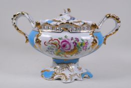 A Sevres style tureen and cover with floral decoration and gilt highlights, 42 x 25cm