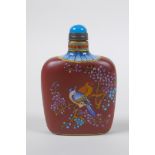 A Chinese YiXing snuff bottle with polychrome enamel decoration of birds amongst blossom, 4