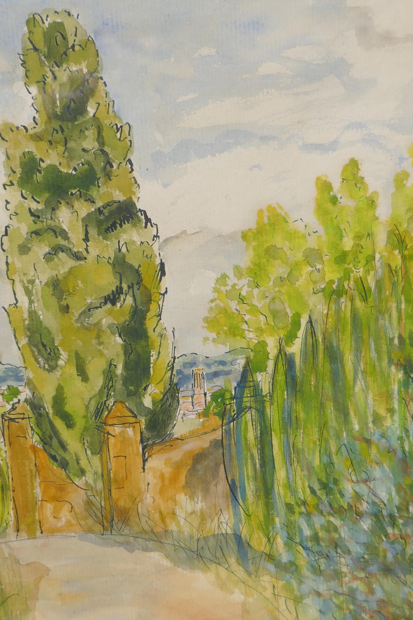 Vilbois, landscape with tree lined road, watercolour, 33cm x 23cm, and two other landscape scenes by - Image 2 of 4