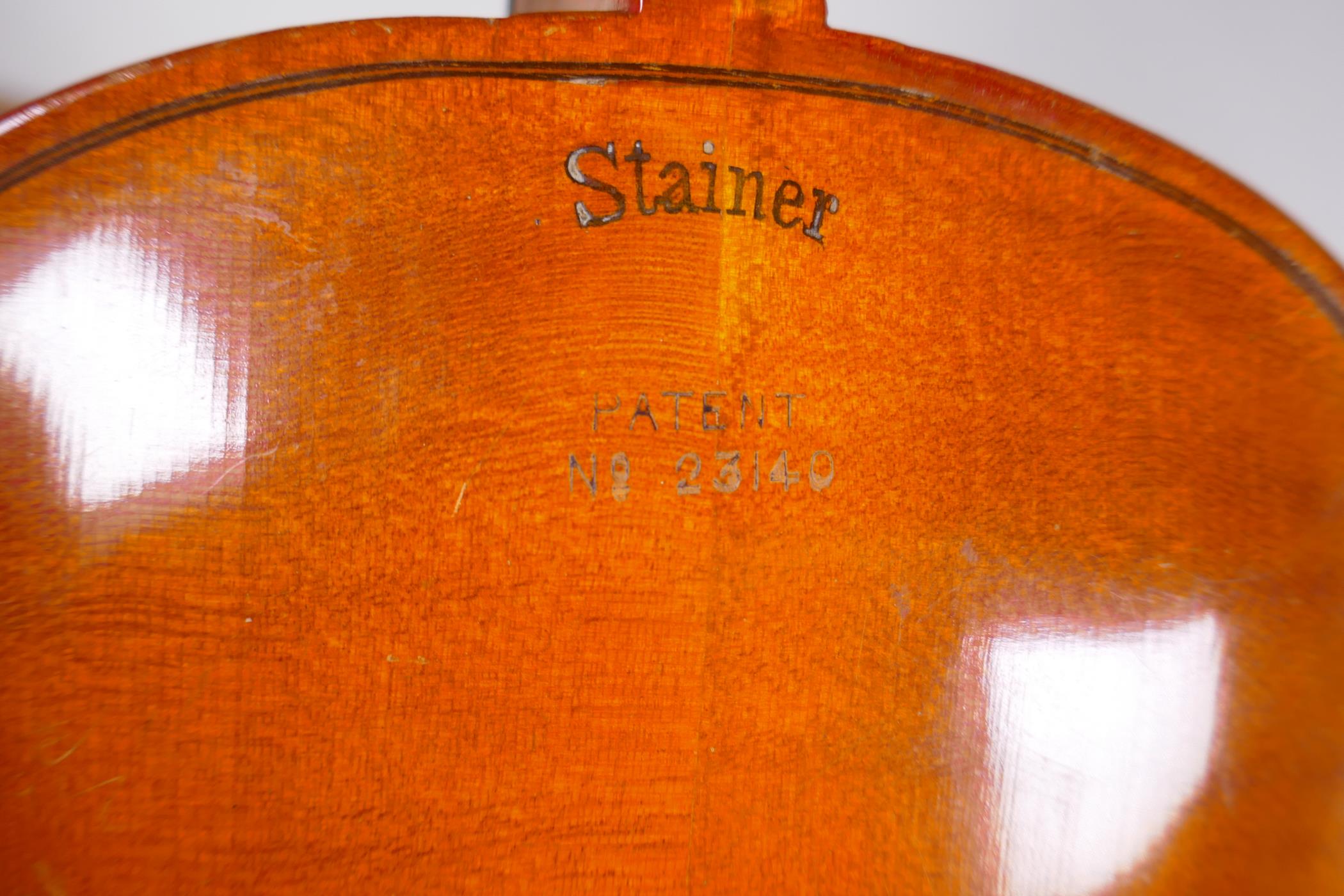 A Stainer violin with two piece back, stamped Stainer and patent No 23140, with bow in fitted hard - Image 6 of 8