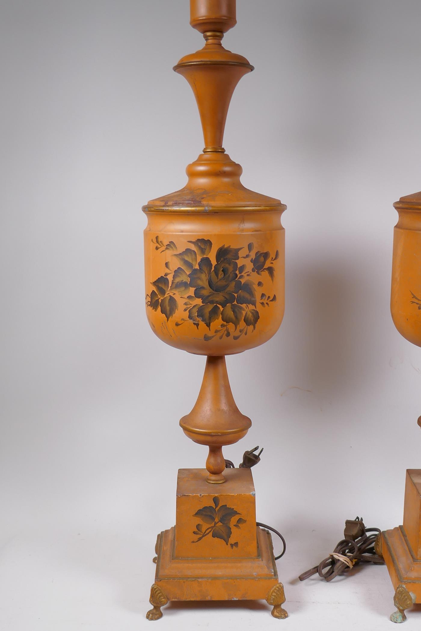 A pair of toleware table lamps with painted and parcel gilt decoration, 70cm high - Image 2 of 3