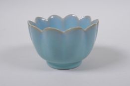 A Chinese Ru ware style lotus flower shaped porcelain rice bowl, 11cm diameter