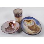 A Chelsea pottery oval dish painted  with an owl, signed and dated 1977, 21 x 15.5cm, a Chelsea