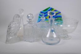 A collection of cut glass, a Silver Jubilee bowl, decanters etc