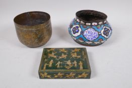 Three antique Indo-Persian items, to include an enamelled copper pot with calligraphy