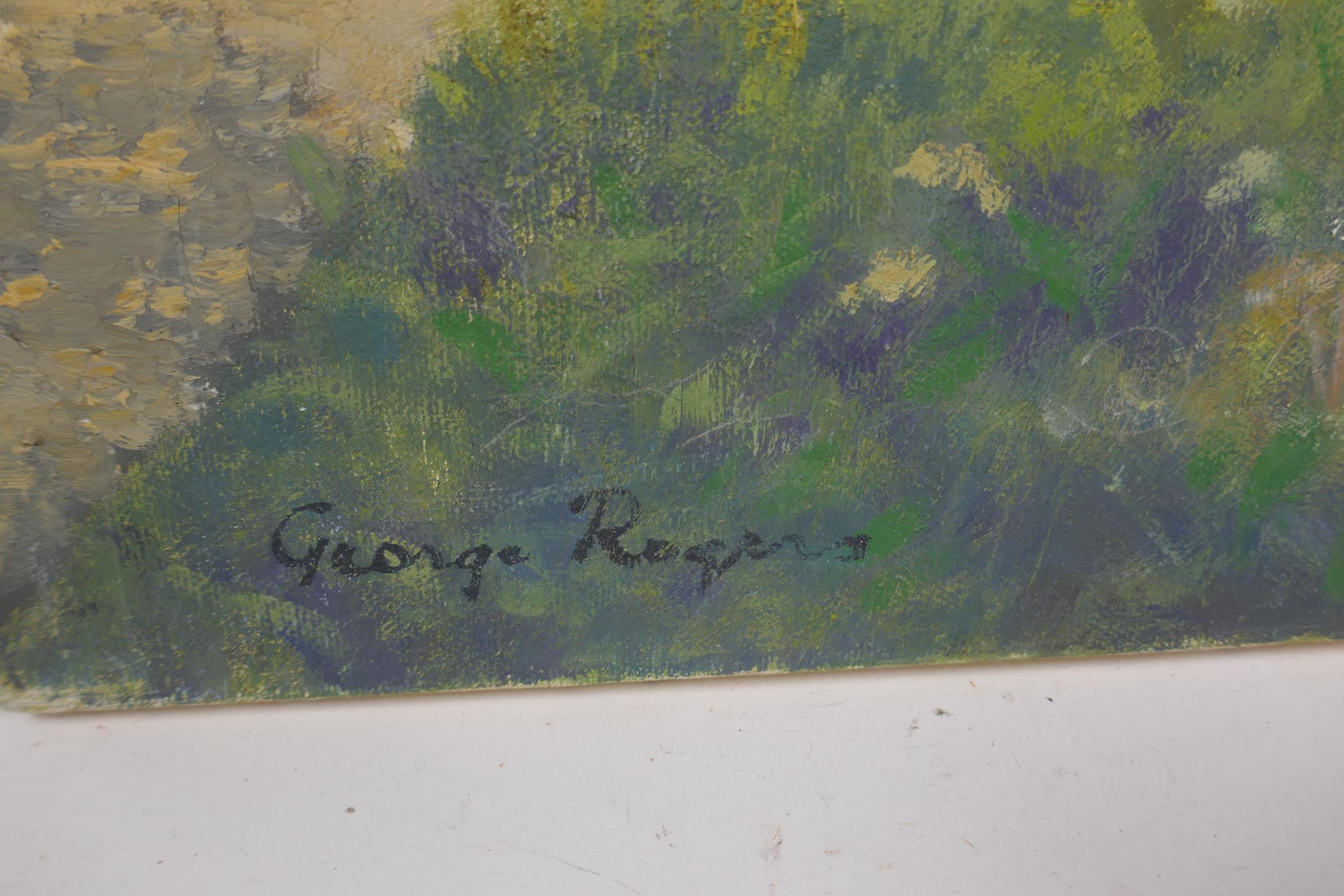 George Rogers, man fishing by a watermill, signed oil on canvas, detailed verso Old Mill Stour, - Image 3 of 4