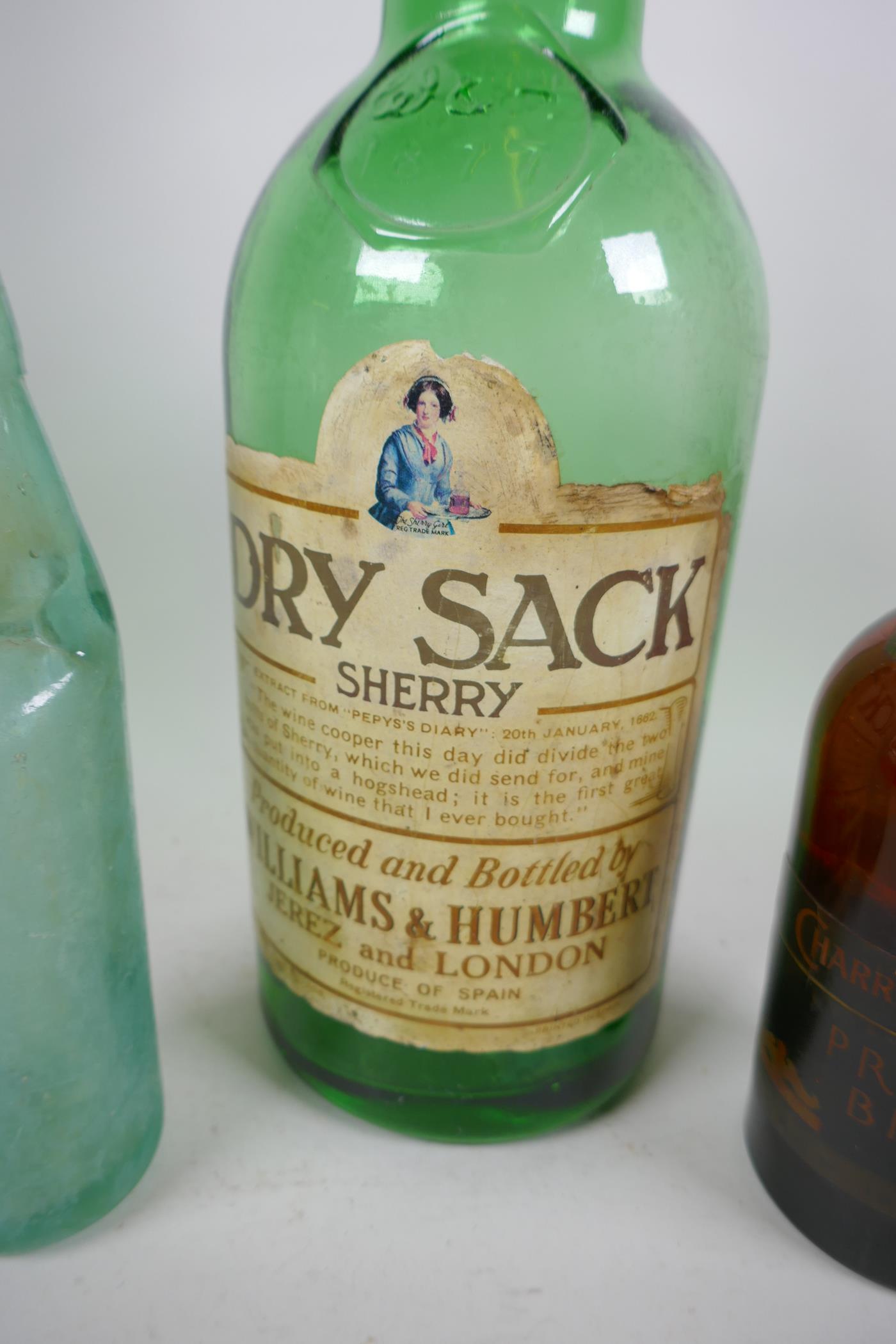 Three collector's bottles, a Charrington's Princes Brew Beer bottle with contents, a large Dry Sac - Image 4 of 5