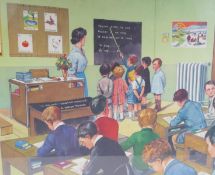 A double sided French educational poster, a classroom scene and a shoe shop, 75 x 35cm