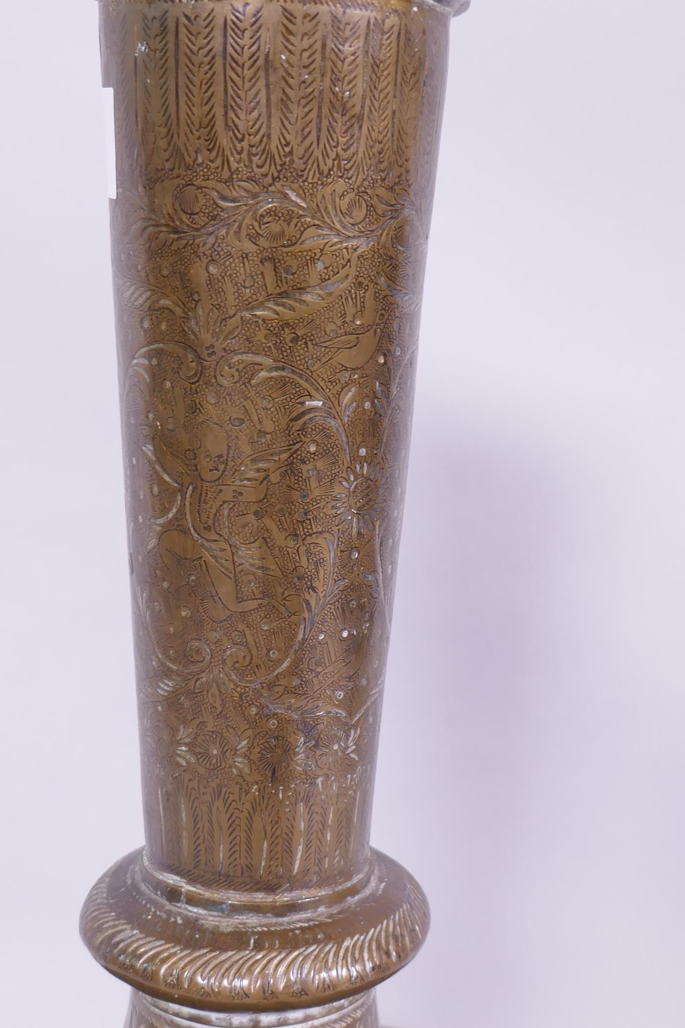 An antique Indian brass vase with engraved decoration of scrolling foliate designs and figures - Image 5 of 7