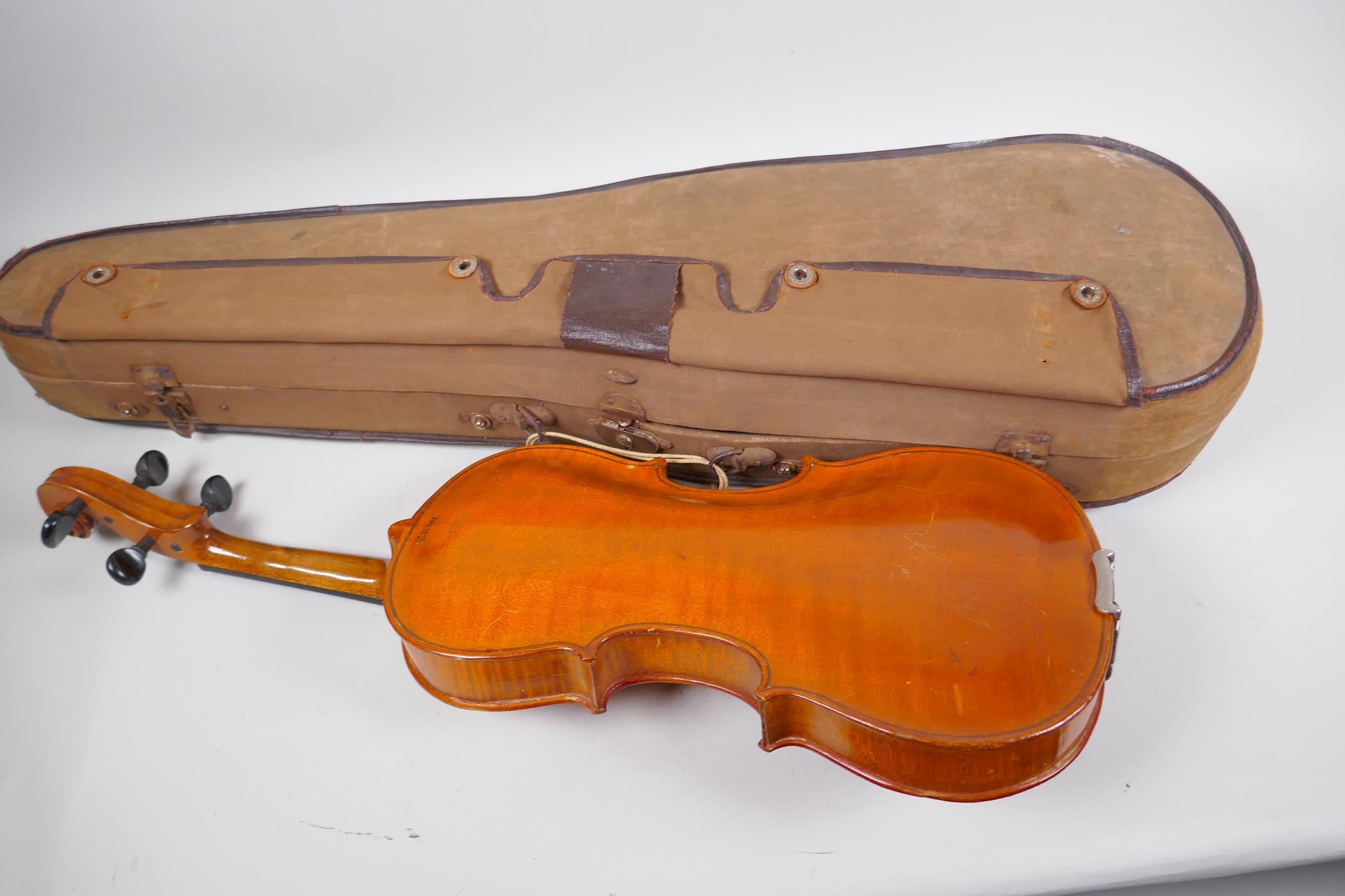 A Stainer violin with two piece back, stamped Stainer and patent No 23140, with bow in fitted hard - Image 8 of 8