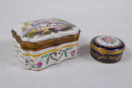 A late C18th/earlyC19th French faience trinket box by Veuve Perrin, and a Limoges blue and gilt