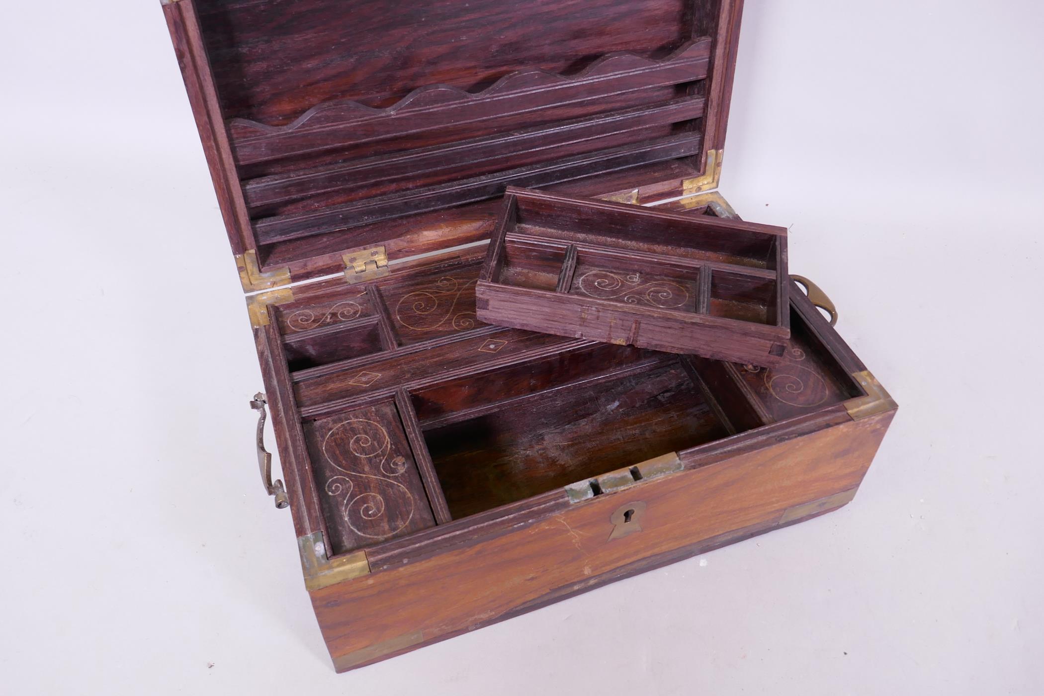 An Anglo Indian teak writing/vanity box, with campaign style brass mounts, 42 x 26 x 18cm - Image 5 of 5