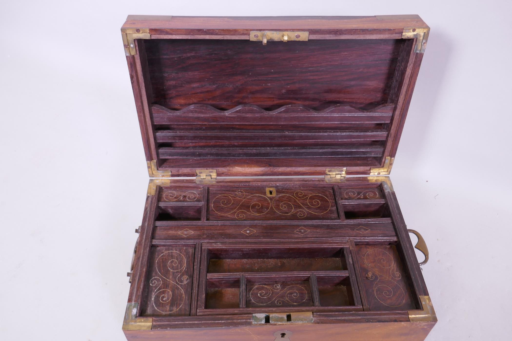 An Anglo Indian teak writing/vanity box, with campaign style brass mounts, 42 x 26 x 18cm - Image 4 of 5