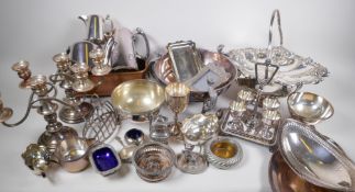 A quantity of silver plated wares including a pair of table candelabra etc