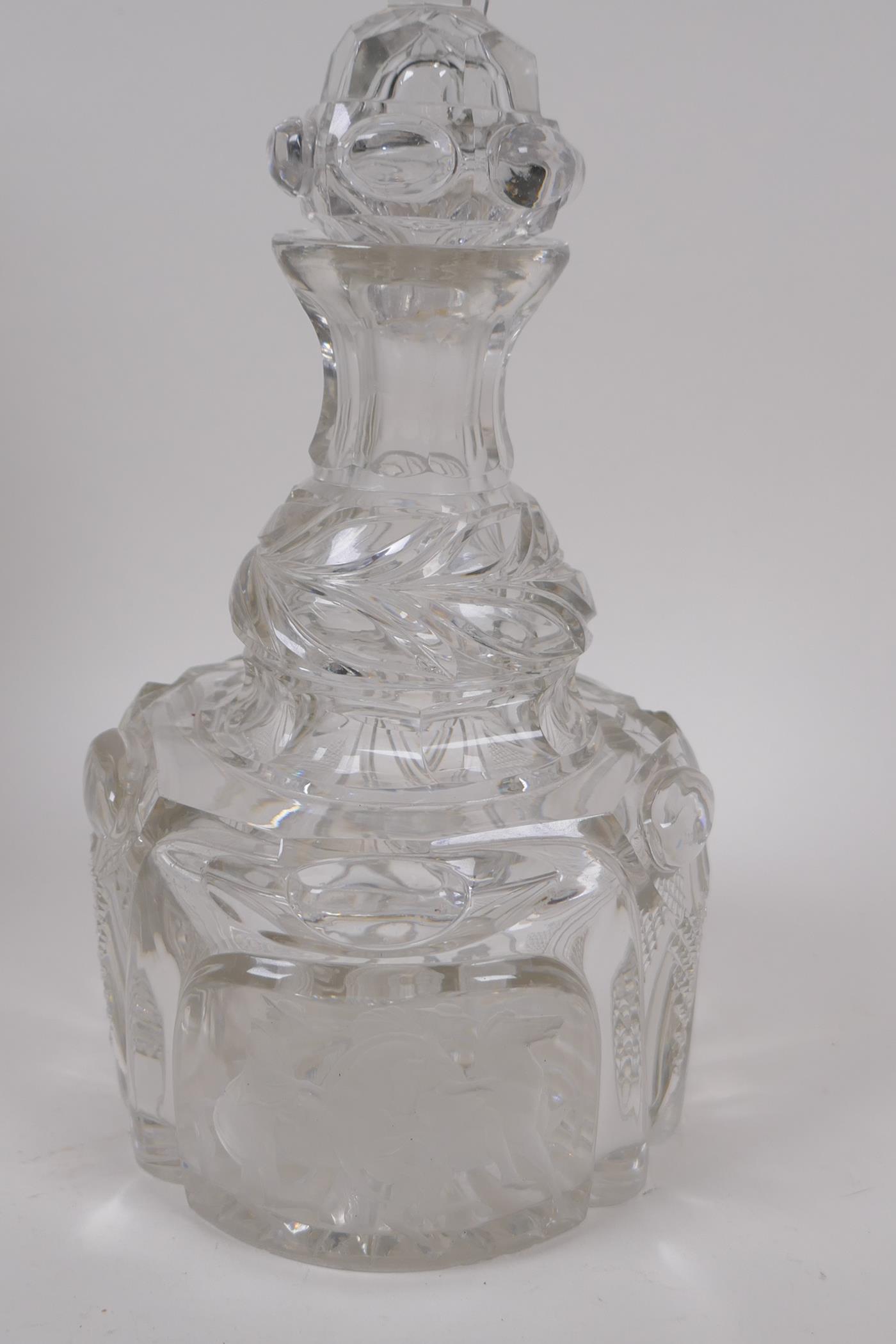 A lead crystal mallet decanter with cut and etched decoration of figures on horseback, stopper AF, - Image 2 of 5