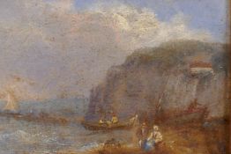 A coastal scene with fisher folk on a beach, signed T. Westall verso, C19th oil on millboard, 22 x