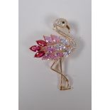 A gilt metal and semi precious stone set flamingo brooch, 6cm
