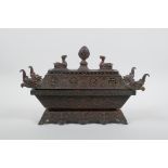 A Chinese bronze casket shaped censer with the remnants of gilt patina, 29 x 11cm