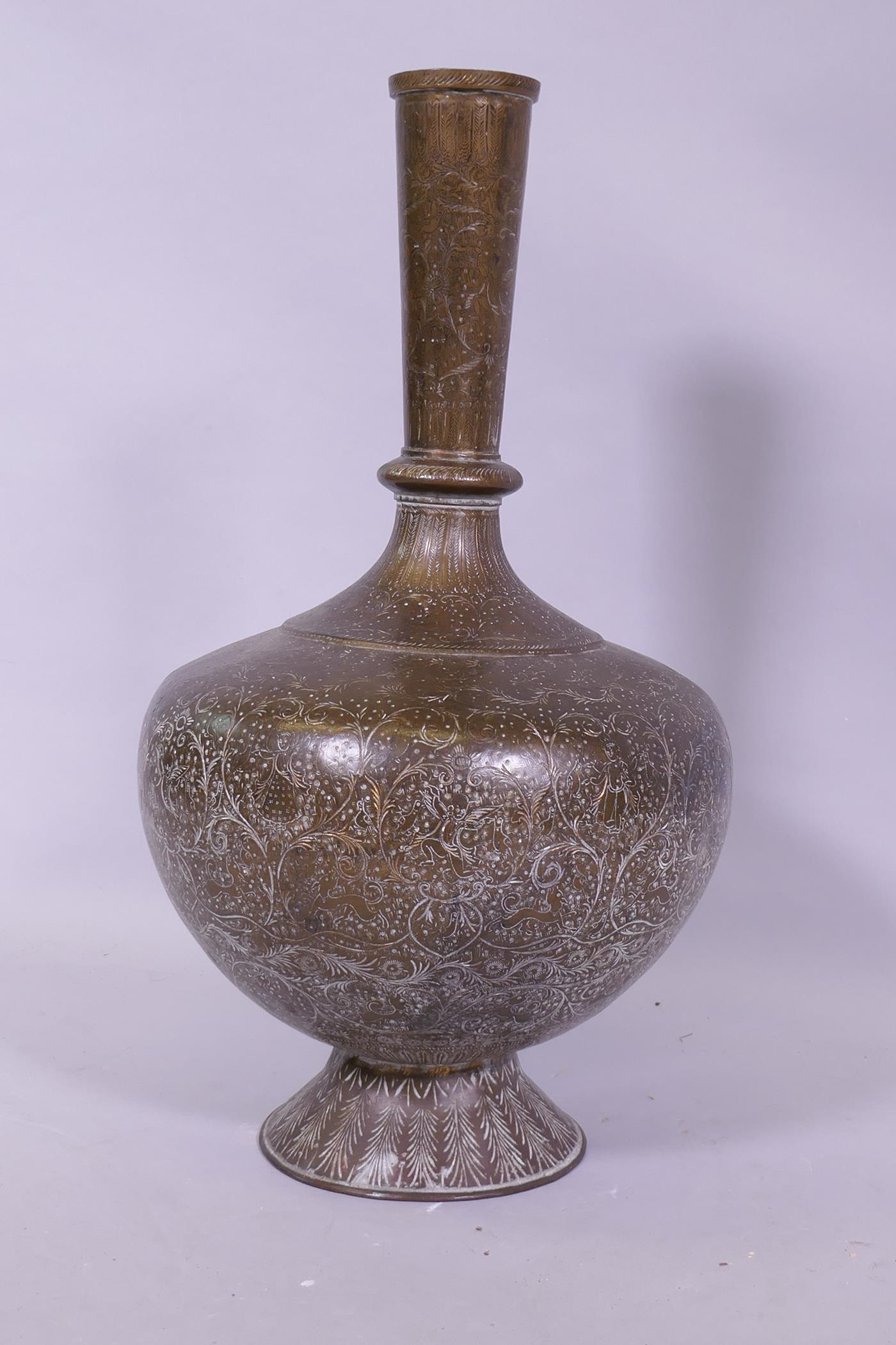 An antique Indian brass vase with engraved decoration of scrolling foliate designs and figures - Image 2 of 7