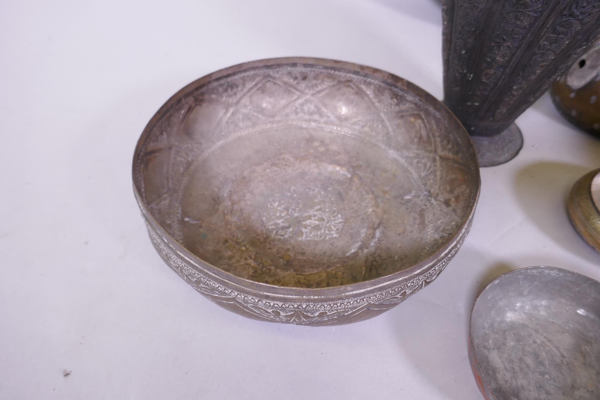 A collection of antique Middle Eastern and Indian metal ware, including an Egyptian brass tray, 57cm - Image 3 of 6