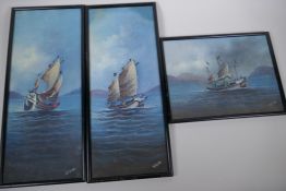 Studies of boats, three Chinese School gouache paintings, a pair plus one, all signed, largest 42