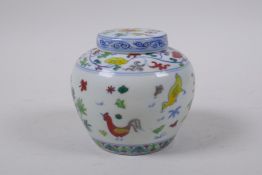 A Doucai porcelain ginger jar and cover with chicken decoration, mark to base, 9cm high