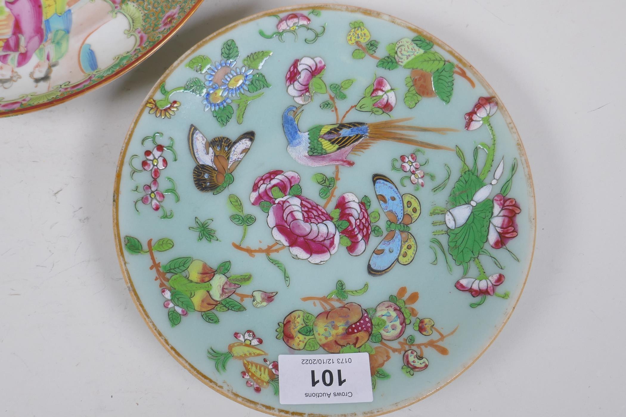 A C19th Cantonese export famille rose plate, 24m diameter, and two celadon glazed plates with enamel - Image 3 of 7