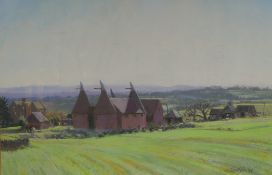 Barry Watkin, 1988, oast houses surrounded by green fields, pastel on paper, 55 x 36cm
