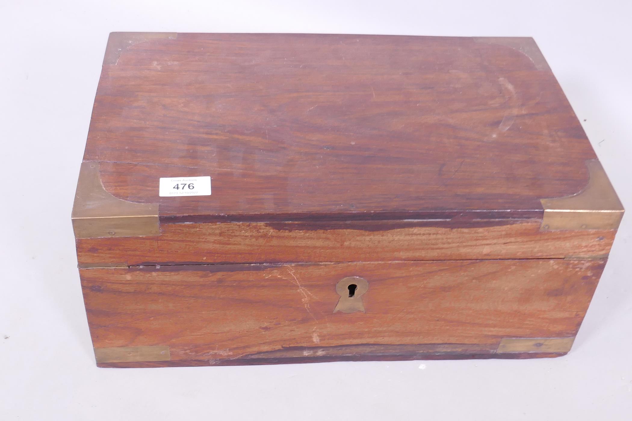 An Anglo Indian teak writing/vanity box, with campaign style brass mounts, 42 x 26 x 18cm - Image 3 of 5