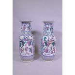 A pair of C19th Cantonese famille rose ceramic vases, on AF, repairs to neck, 62cm high