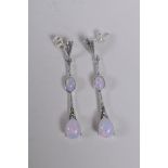 A pair of Art Deco style silver, marcasite and opalite drop earrings, 5cm drop