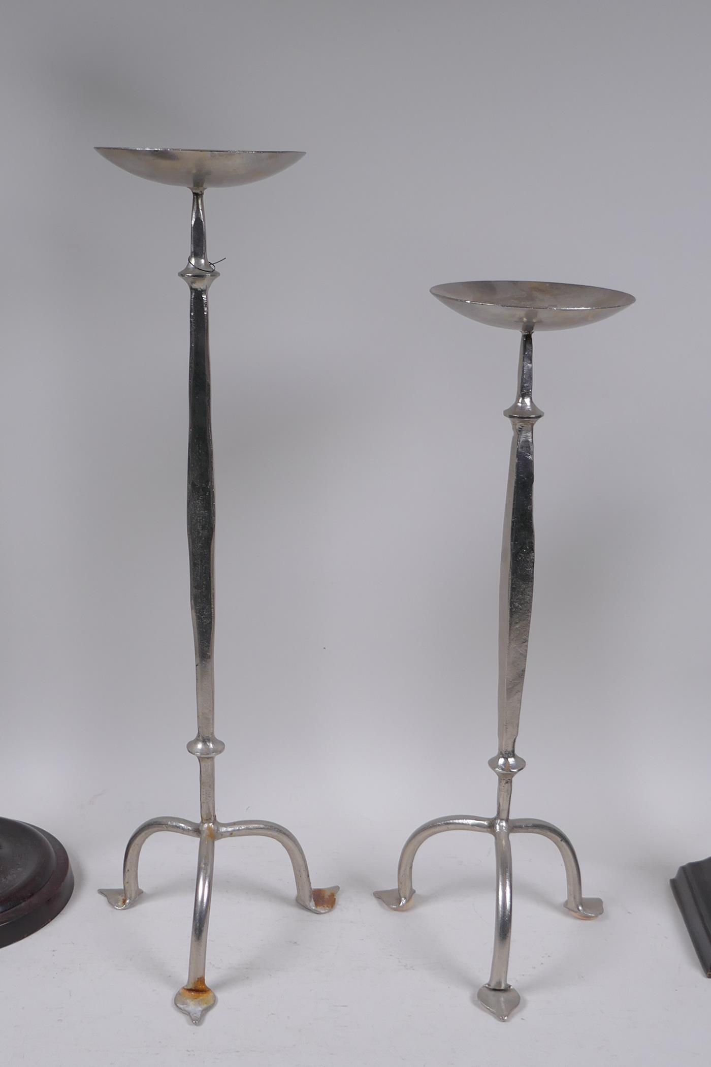 A plated pricket candle stick and another, smaller, together with two bronze table lamps, largest - Image 2 of 4