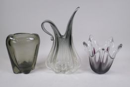 A Murano art glass jug, and two Murano glass vases, 32cm high