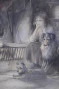 Andrew Scott Rankin, young lady with dogs by a fire, signed, gouache and watercolour, 11 x 8cm