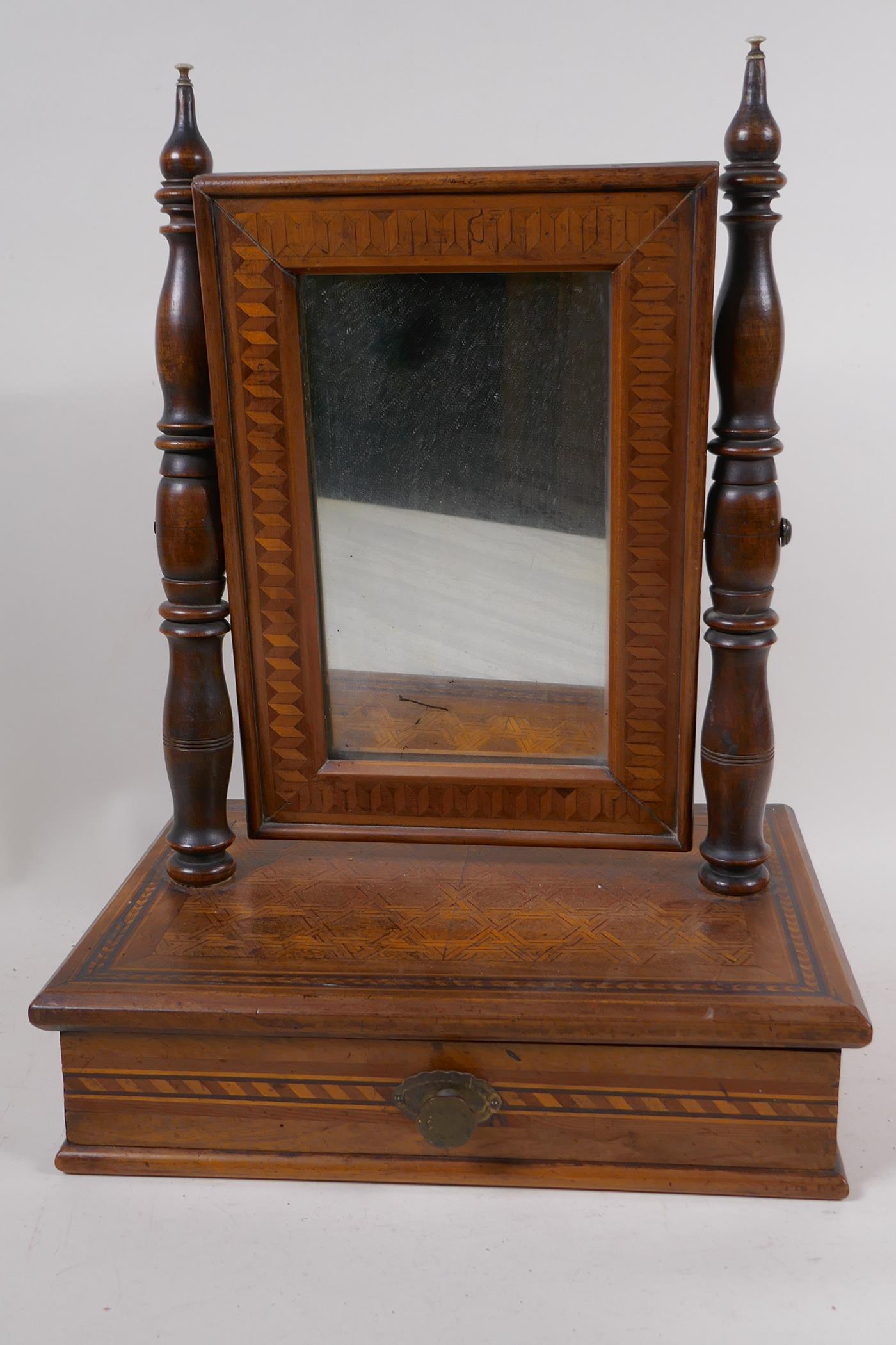 A small antique marquetry inlaid swing toilet mirror on single drawer base, 42cm high x 31cm wide - Image 2 of 3