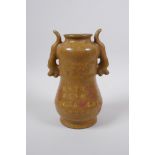 A Chinese Song style Ge ware vase with two handles, decorated with chased gilt inscriptions, mark to