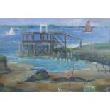 Robert Fowler, boats in an estuary with wooden jetty, signed verso, unframed oil on canvas, 41 x