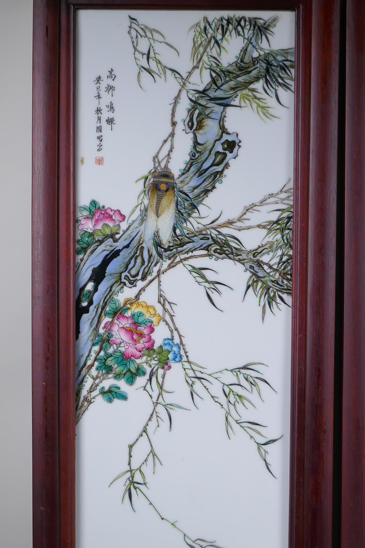 A pair of Chinese Republic style porcelain panels with polychrome insect and flower decoration, in - Image 2 of 8