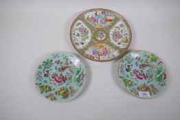 A C19th Cantonese export famille rose plate, 24m diameter, and two celadon glazed plates with enamel