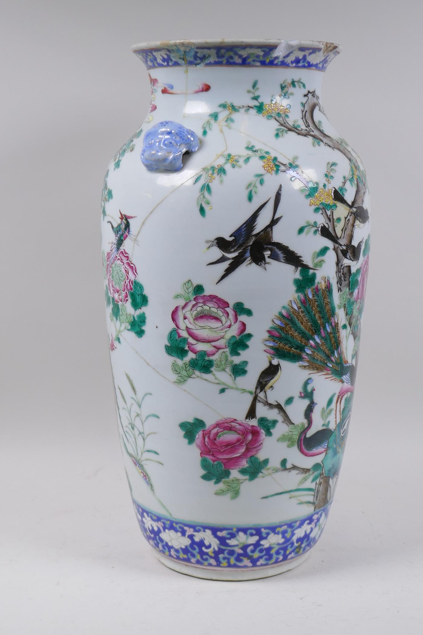 An antique Chinese vase with famille verte enamel decoration of peacocks and magpies, broken and - Image 5 of 5