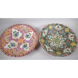 Two large African earthenware pottery shallow bowls brightly painted in geometric patterns, 41cm