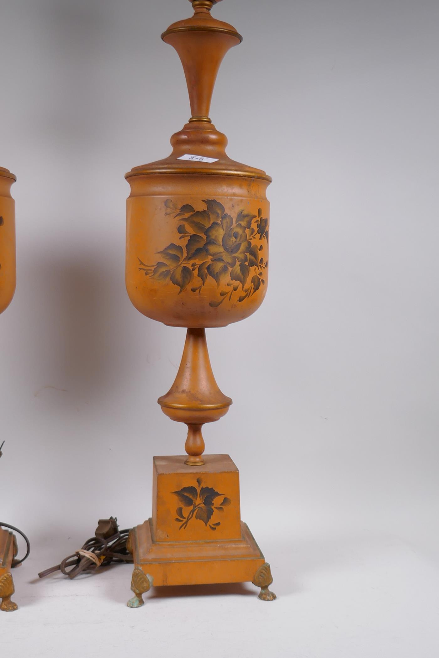 A pair of toleware table lamps with painted and parcel gilt decoration, 70cm high - Image 3 of 3