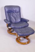 A blue leather Ekornes Stressless armchair and footstool
