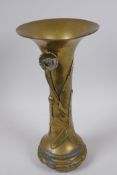 A Japanese trumpet shaped vase with applied decoration of anemones, on a scroll footed base, 35cm