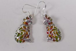A pair of 925 silver and plique a jour cat earrings, 3cm drop