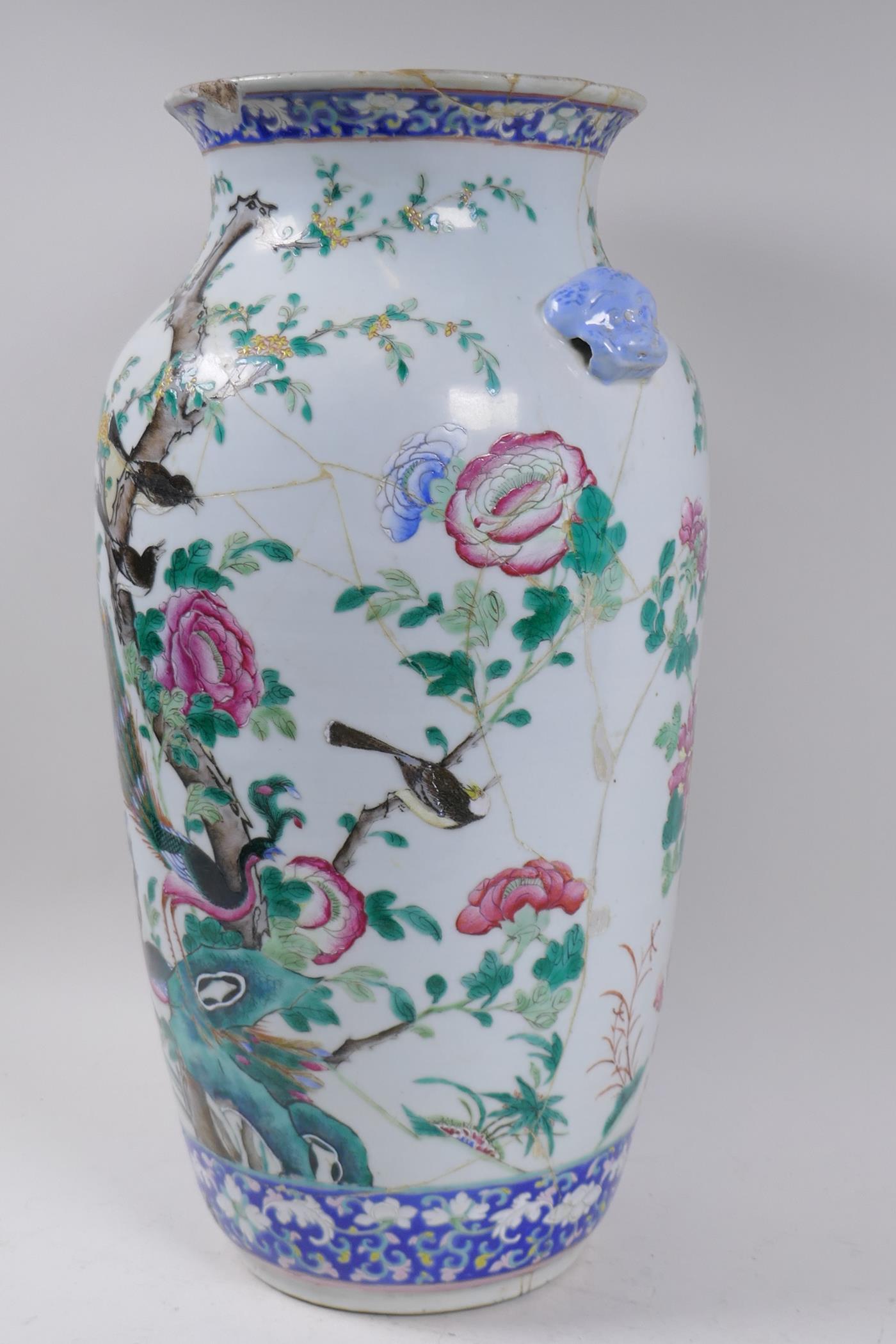 An antique Chinese vase with famille verte enamel decoration of peacocks and magpies, broken and - Image 4 of 5