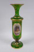 A C19th Bohemian green glass vase with gilt details and a hand painted portrait of a lady, 39cm high