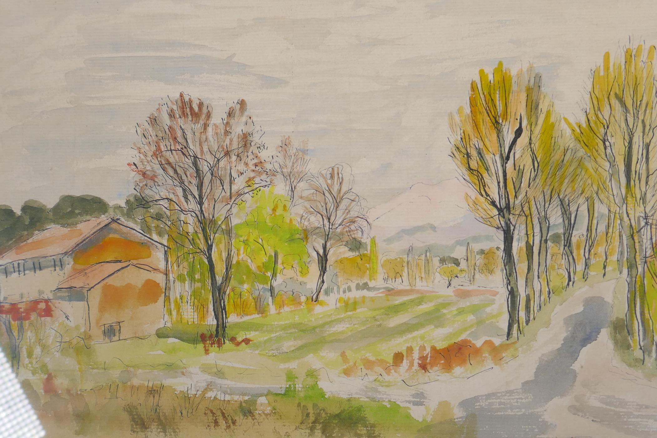 Vilbois, landscape with tree lined road, watercolour, 33cm x 23cm, and two other landscape scenes by - Image 4 of 4