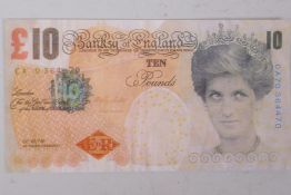 A Banksy £10 note, featuring Princess Diana, 14 x 7cm