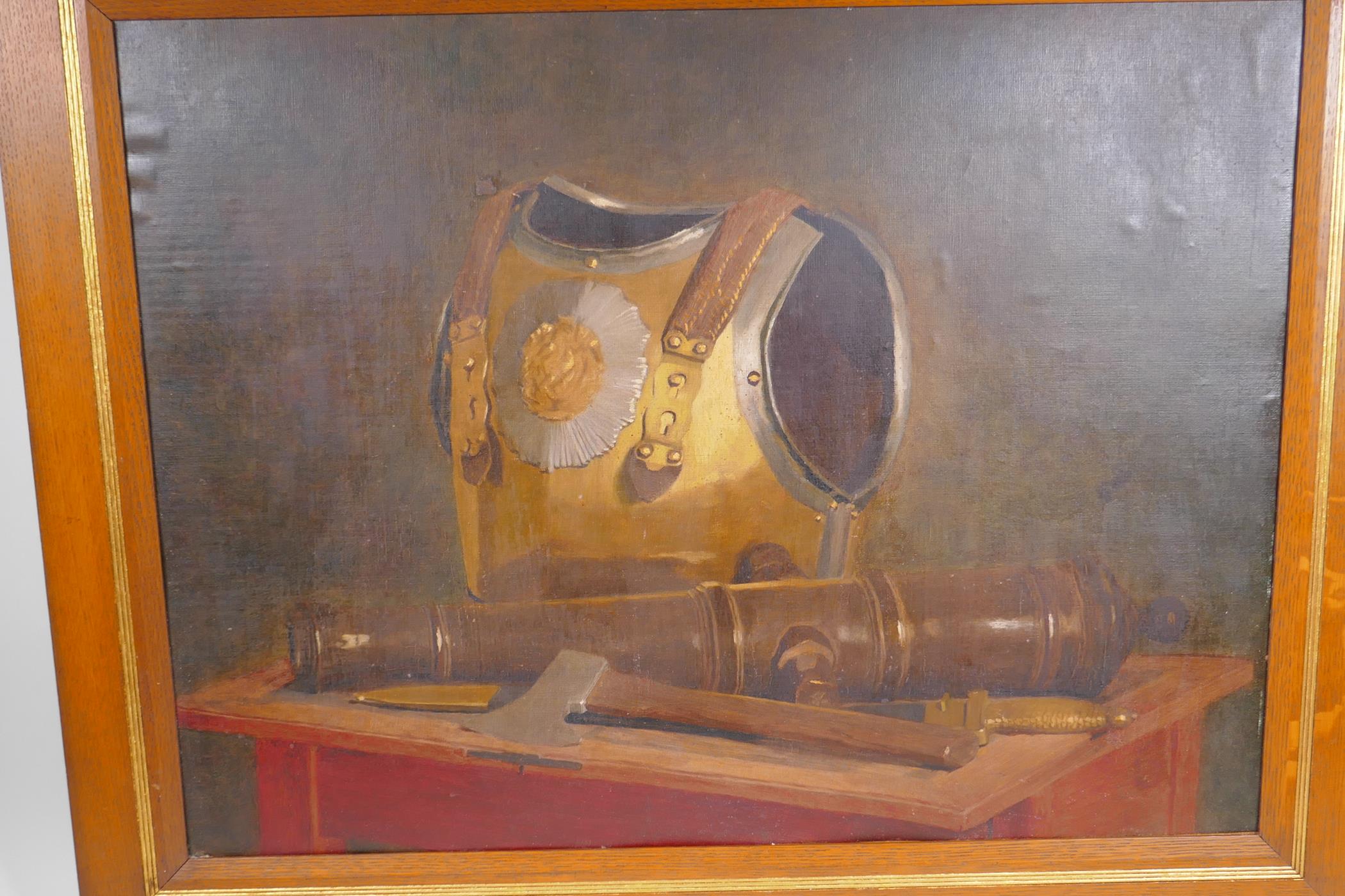 A still life with armour and a cannon, C19th oil on board, 51 x 67cm - Image 2 of 3